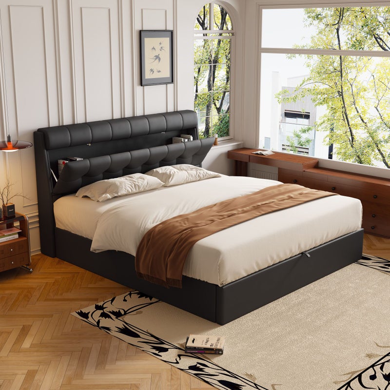Eleganckie łóżko z pojemnikiem 90 x 200 cm - ukryta półka w zagłówku - skóra ekologiczna - stelaż z listew - kolor czarny