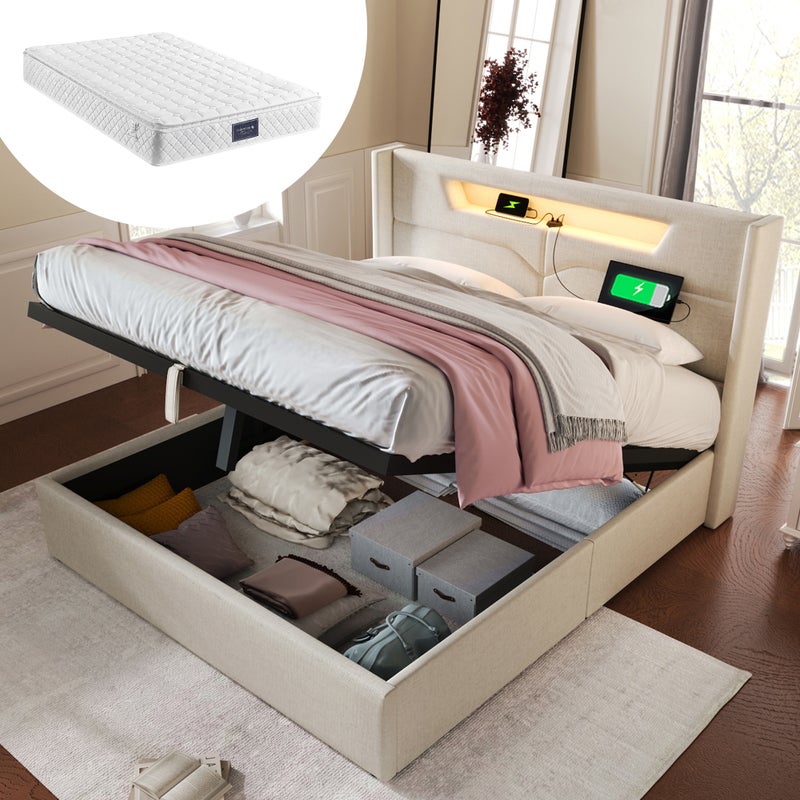 Łóżko z pojemnikiem 140 x 200 cm, łóżko podwójne - oświetlenie LED, port USB typu C i schowek - tkanina lniana - beżowy + materac