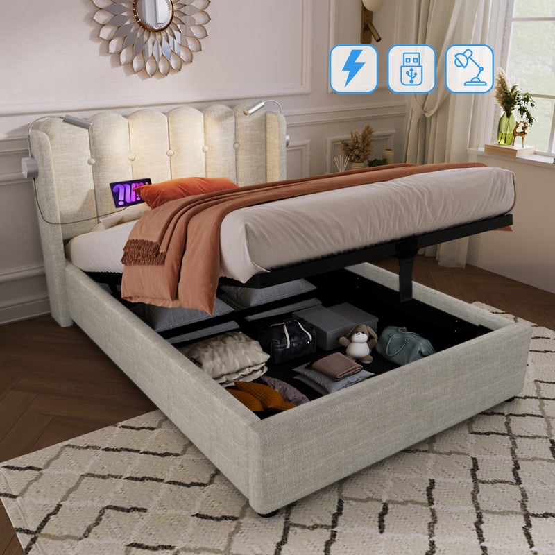 Łóżko z pojemnikiem i zagłówkiem - 90 x 200 cm - lampka do czytania i gniazdo USB - tkanina lniana - kolor naturalny