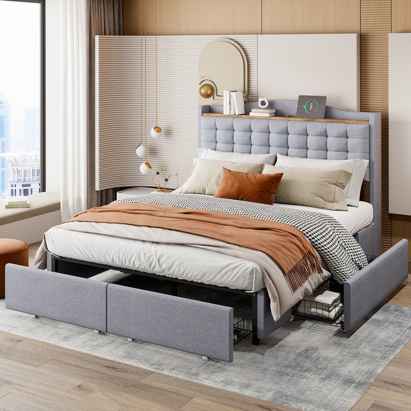 Łóżko tapicerowane 140 x 200 cm z 4 szufladami i półką - port ładowania USB - szare