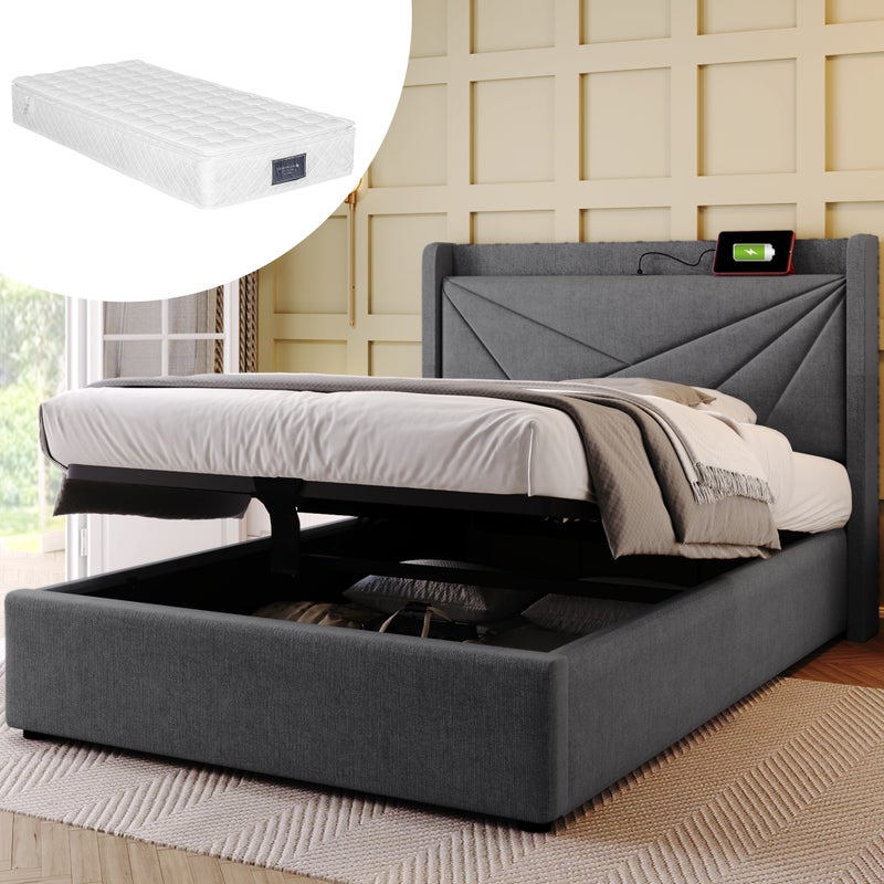 Łóżko z pojemnikiem 90 x 200 cm z zagłówkiem - USB + typ C - tkanina lniana - szare + Materac