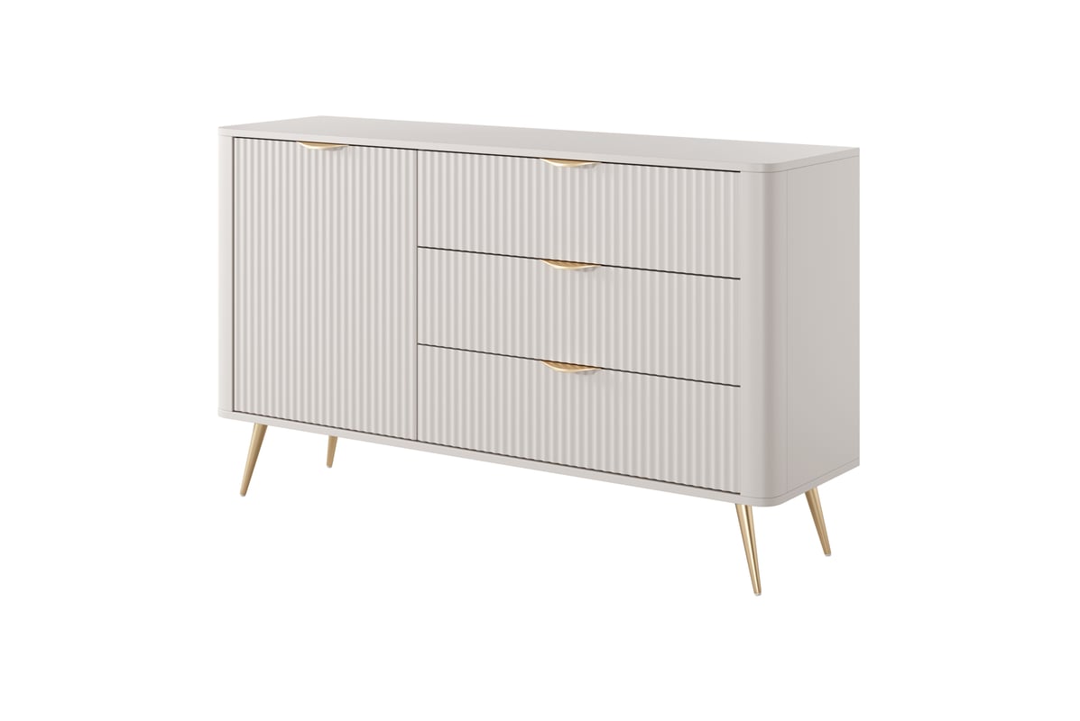 Komoda: 3 szuflady, 1 drzwi, kaszmir, złote nogi, 138,2 x 81,2 x 38 cm
