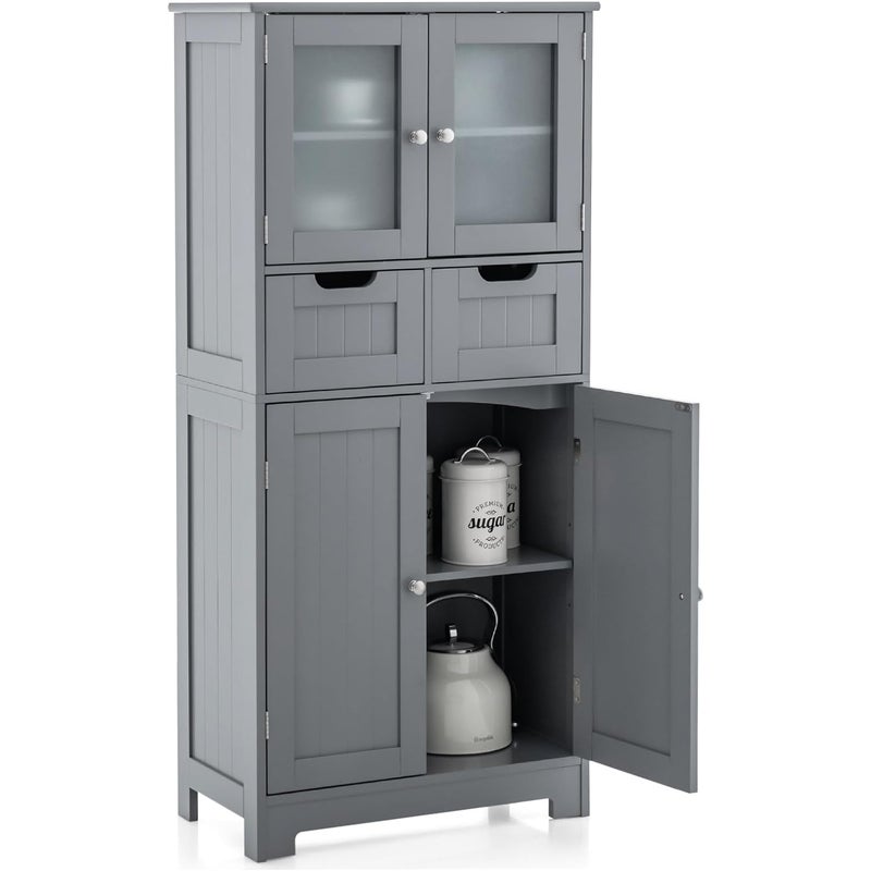 Szafka Łazienkowa na Nóżkach, 2 Szuflady i 1 Zamknięta Szafka, z Regulowaną Półką, Przegródką z Hartowanego Szkła, Maksymalne Obciążenie 20 kg