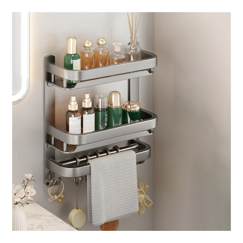 Półka 40 cm z wieszakiem na ręczniki, wielofunkcyjna półka łazienkowa, do montażu na ścianie, gruba stal węglowa, podwójna warstwa, kolor szary