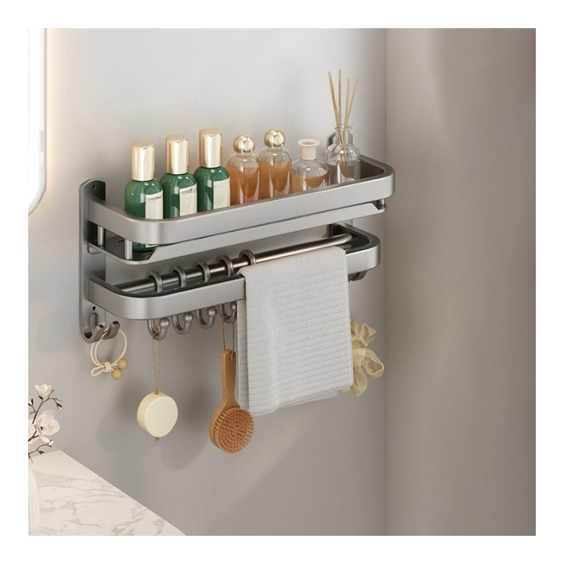 Półka z wieszakiem na ręczniki, wielofunkcyjna półka łazienkowa, do montażu na ścianie, gruba stal węglowa, pojedyncza warstwa, 50 cm, szara