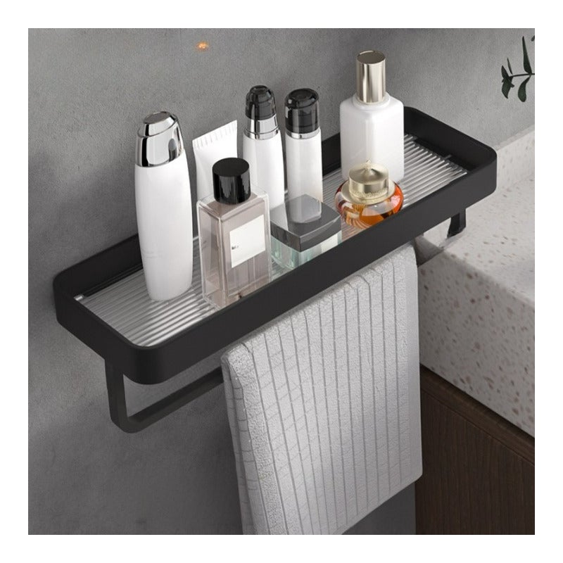 Czarna aluminiowa półka łazienkowa z wieszakiem na ręczniki 40*11,5*3 cm