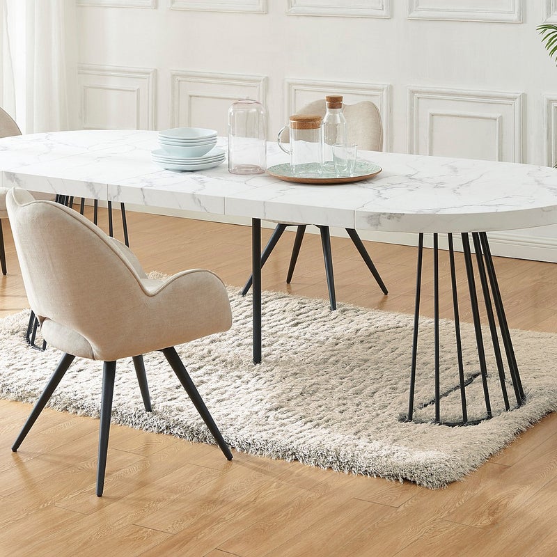 Stół do jadalni rozkładany dla 2 do 12 osób z MDF i stali - Efekt białego marmuru i Czarny - FIRELA