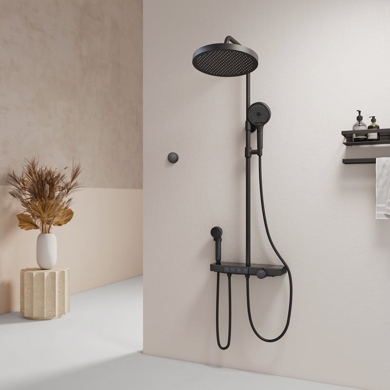 EMKE Kolumna prysznicowa z baterią termostatyczną, słuchawka dla dorosłych i dzieci, Technologia LED z wskaźnikiem temperatury, Czarny