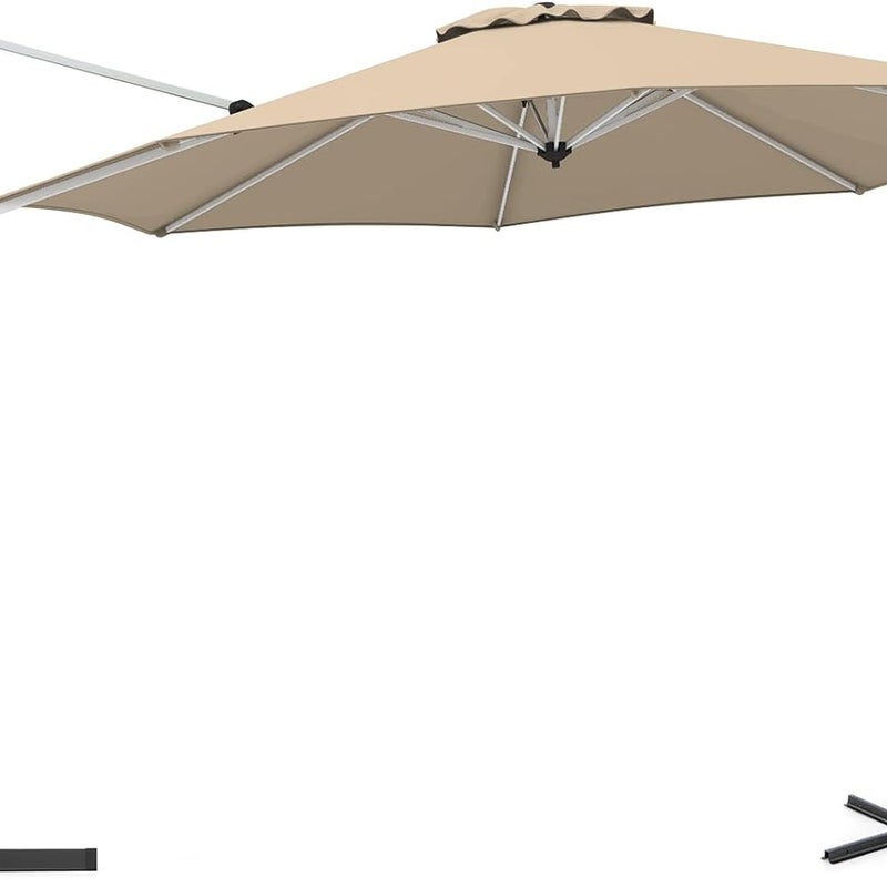 Parasol Ogrodowy 3 m, Parasol z Wysięgnikiem, 8 Żeber, Podwójna Czasza, Obrót o 360 Stopni, Podstawa Krzyżowa, Wys. 2,6 m, Kolor Beżowy