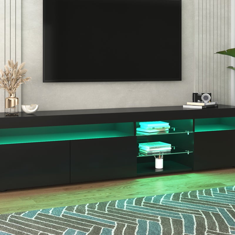 Szafka RTV 180 cm - 3 drzwi i 3 wnęki - LEDy - lakier czarny połysk