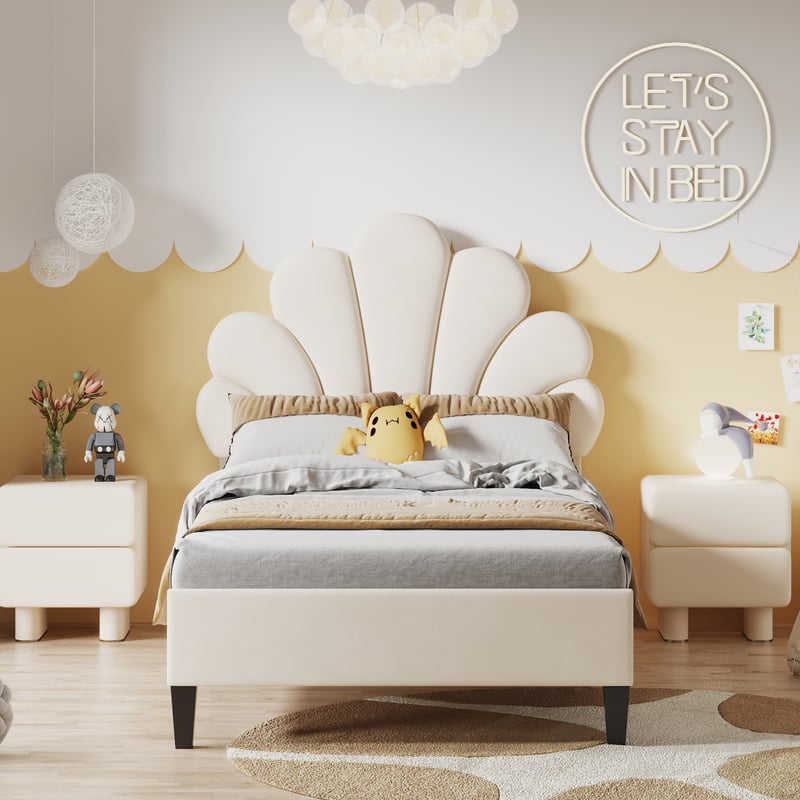 Łóżko muszlowe z wezgłowiem 90 x 200 cm z aksamitu, w komplecie stelaż listwowy, beżowe