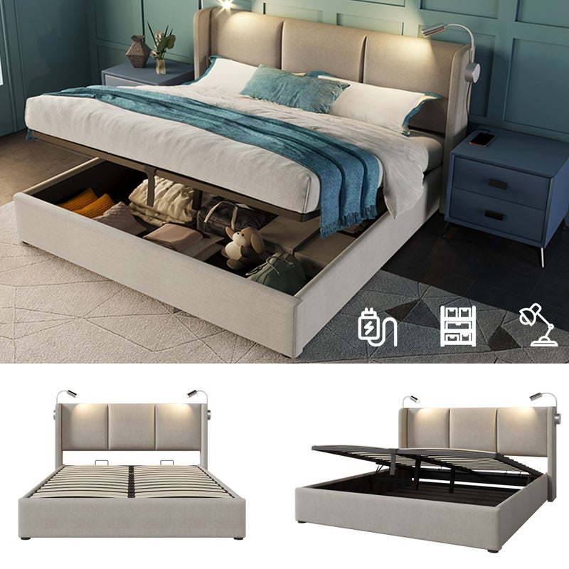 Łóżko z pojemnikiem 140 x 200 cm z zagłówkiem - tkanina lniana - USB + lampka do czytania - beżowe
