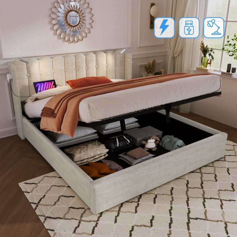 Łóżko z pojemnikiem i zagłówkiem - 160 x 200 cm - lampka do czytania i gniazdo USB - tkanina lniana - kolor naturalny