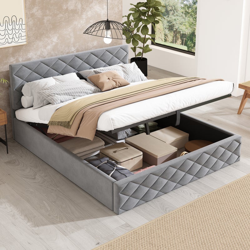 Łóżko z pojemnikiem i regulowanym zagłówkiem - 140 x 200 cm - aksamitne - stelaż listwowy - styl skandynawski - szare