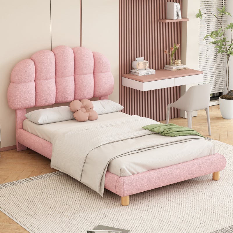 Łóżko tapicerowane z zagłówkiem - 90 x 200 cm - tkanina frotte i płyta MDF - stelaż listwowy - różowe