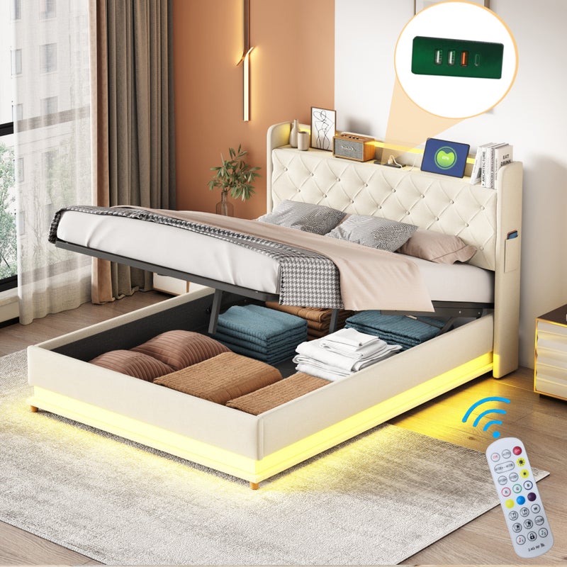 Łóżko z pojemnikiem i zagłówkiem 140 x 200 cm - Port USB + diody LED - Tkanina lniana - W zestawie stelaż z listew - Beżowe