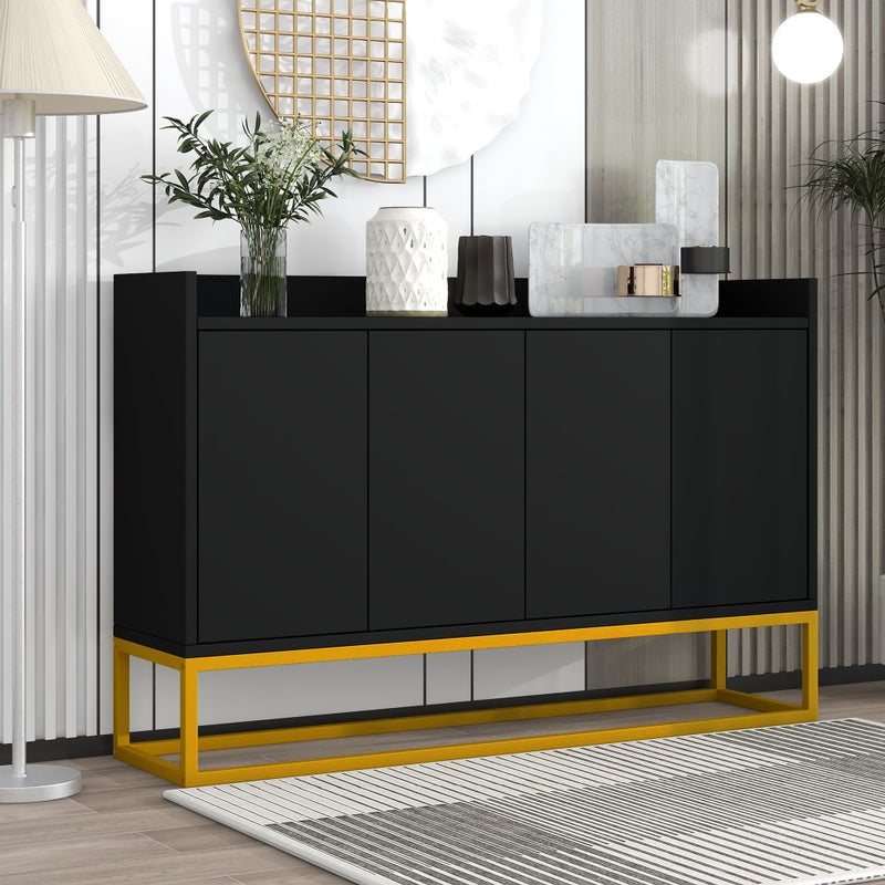 Komoda niska z 4 drzwiami - MDF, drewno, nogi metalowe - Styl nowoczesny - Kolor czarny - 120 x 30 x 80 cm