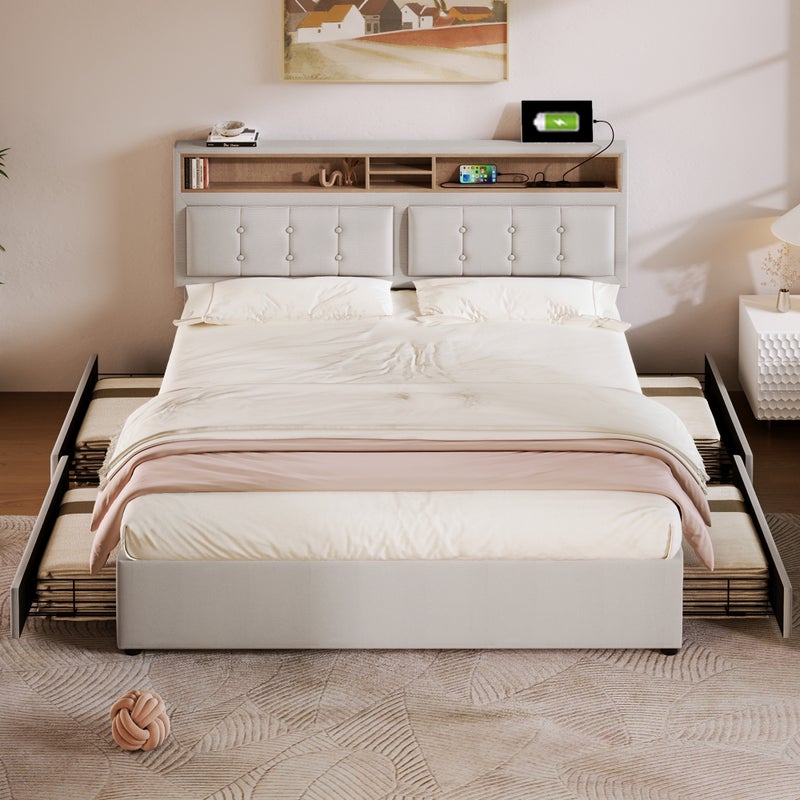 Łóżko małżeńskie 160 x 200 cm z 4 szufladami i gniazdem USB C - regulowany zagłówek - beżowe
