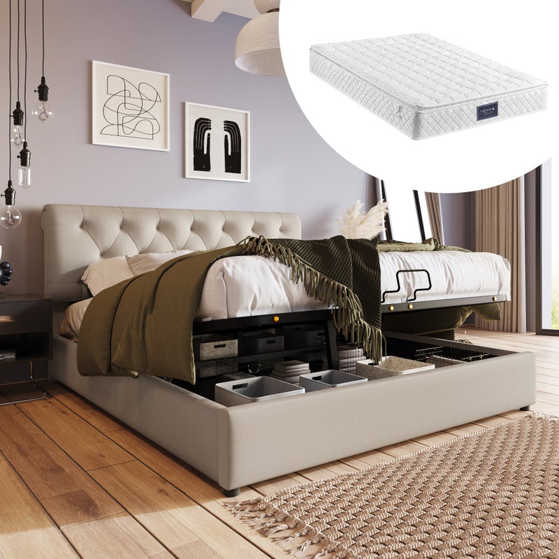 Łóżko z pojemnikiem 140 x 200 cm - tkanina lniana - styl nowoczesny - naturalny + materac