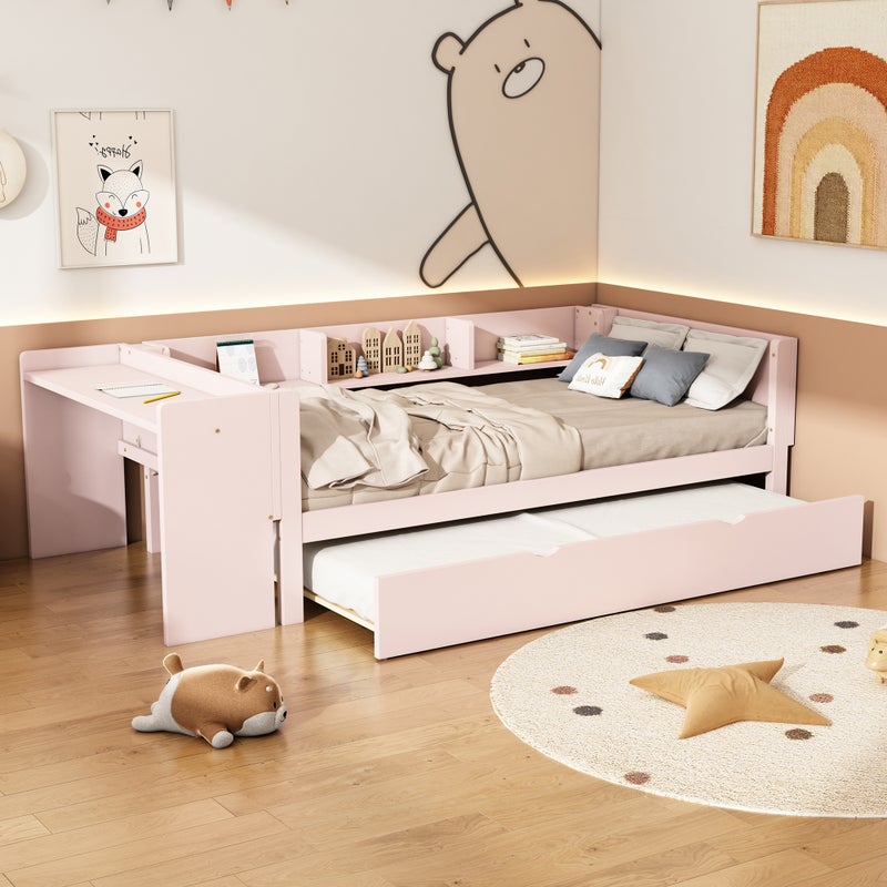 Łóżko wysuwane 90 x 200 cm + 90 x 180 cm z biurkiem i 3 półkami - lite drewno sosnowe - stelaż listwowy - kolor różowy