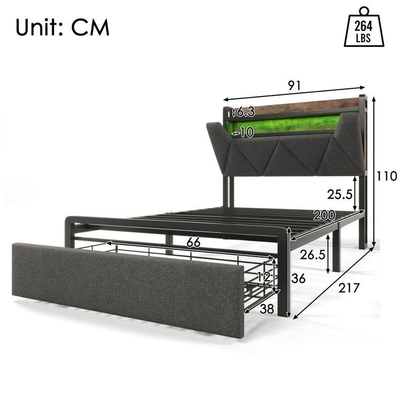 Łóżko dziecięce 90 x 200 cm z szufladą i schowkiem na pościel w zagłówku - USB + Typ C + LED - Len - Szary