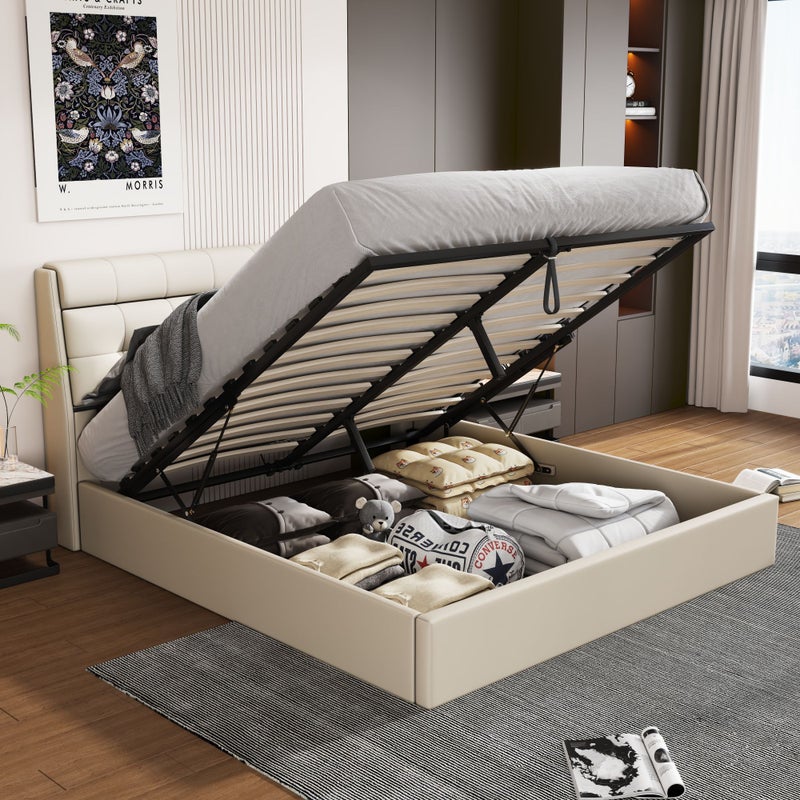 Eleganckie łóżko z pojemnikiem 160 x 200 cm - ukryta półka w zagłówku - skóra ekologiczna - stelaż z listew - białe