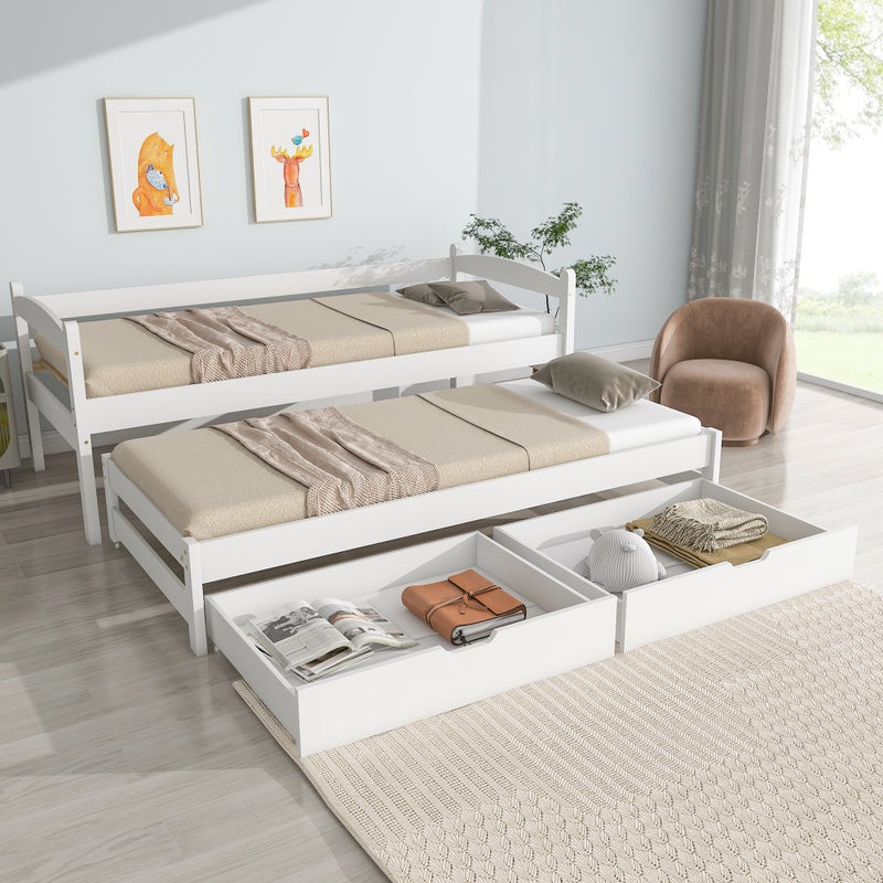 Łóżko wysuwane z pojemnikiem - 90 x 200 cm + 190 x 90 cm - 2 szuflady - lite drewno - kolor biały