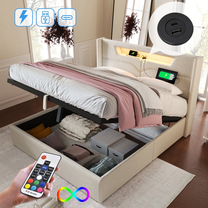 Łóżko dla dorosłych z pojemnikiem 160 x 200 cm z zagłówkiem - USB + Typ C + LED - tkanina lniana - beż