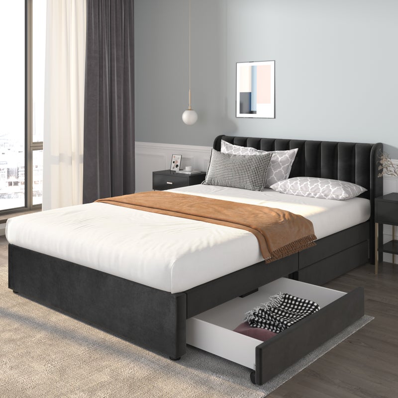 Łóżko z zagłówkiem i 2 szufladami - 160 x 200 cm - aksamitne - stelaż z listew - nowoczesny design - czarne