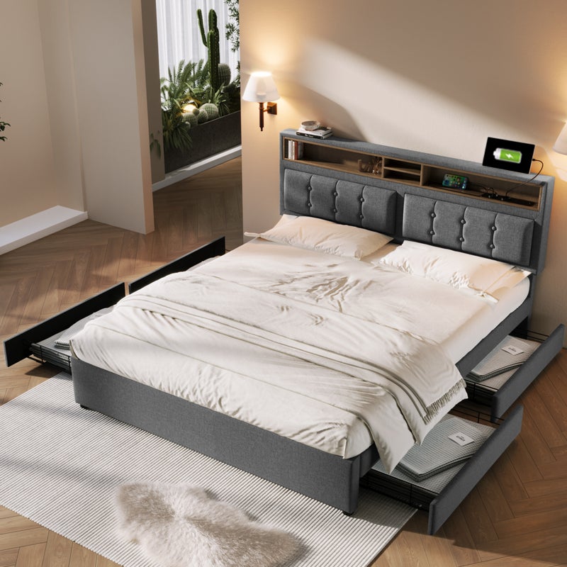 Łóżko małżeńskie 160 x 200 cm z 4 szufladami i gniazdem USB C - regulowany zagłówek - szare