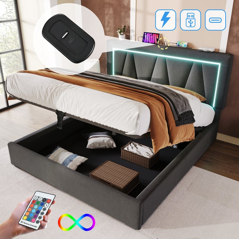 Łóżko z pojemnikiem dla dorosłych 160 x 200 cm - USB + Typ C + LED - tkanina lniana - szare