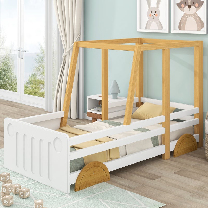 Łóżko kabinowe - 90 x 200 cm - płyta MDF i sosna - stelaż z listew - kolory biały i naturalny