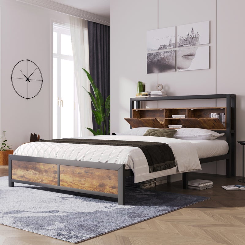 Łóżko metalowe 140 x 200 cm z zagłówkiem i schowkiem - styl industrialny - czarne