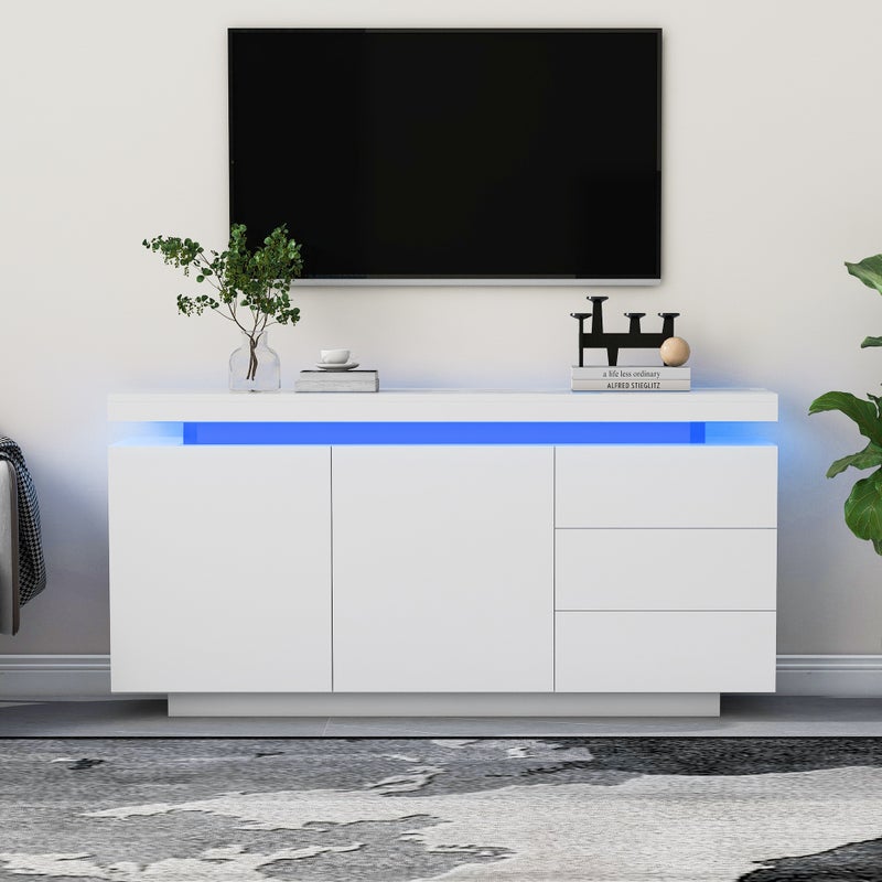 Komoda niska z 2 drzwiami i 3 szufladami - komoda połysk z oświetleniem LED - płyta wiórowa - biała