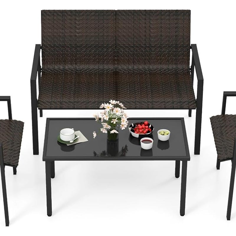 4-częściowy zestaw mebli ogrodowych z polirattanu, meble tarasowe, zestaw do siedzenia dla 4 osób, zestaw mebli ogrodowych z 2 krzesłami, (brązowy)