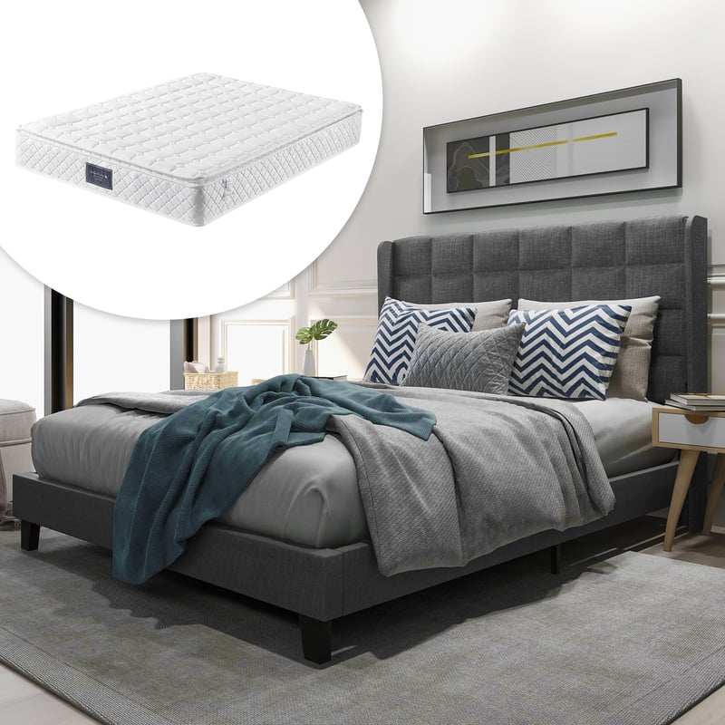 Łóżko tapicerowane z zagłówkiem - 140 x 200 cm - tkanina lniana - boxspring + materac - szare