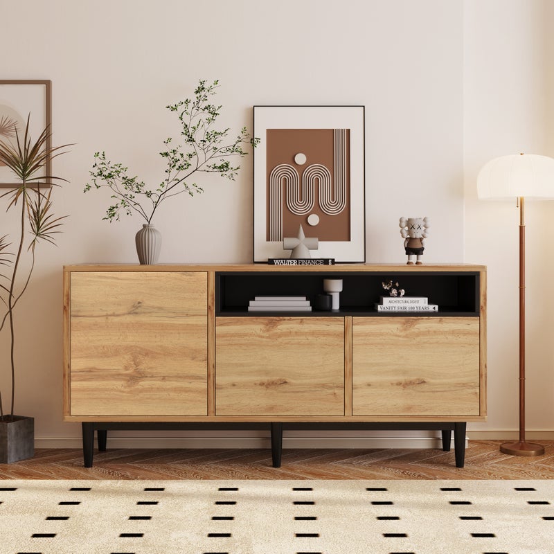 Nowoczesna komoda z 3 drzwiami i półką - drewno MDF - kolor naturalny i czarny - 160 x 35 x 76 cm
