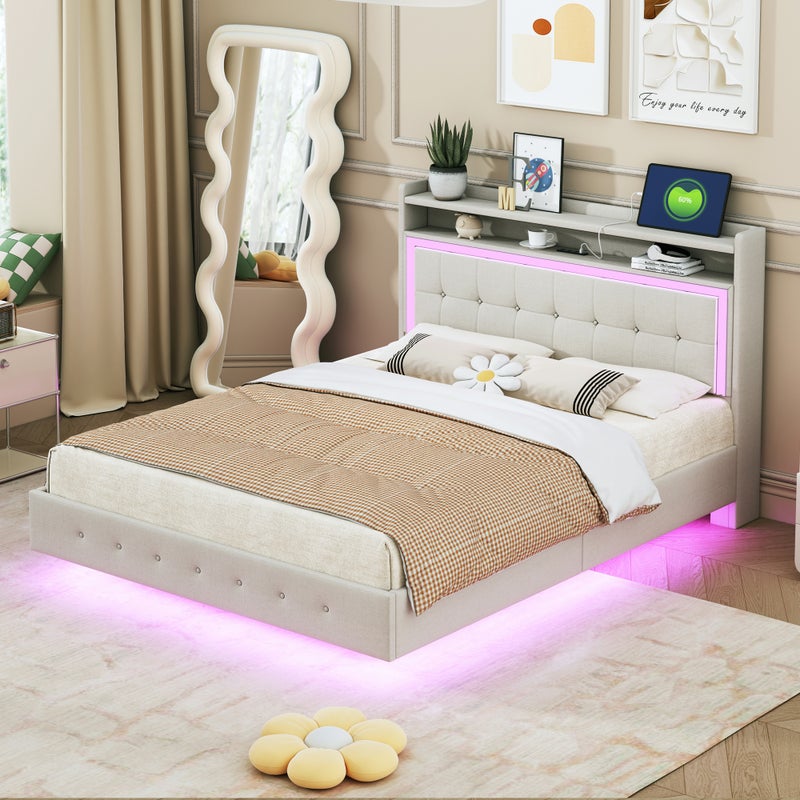 Łóżko tapicerowane 140 x 200 cm z zagłówkiem - gniazdo USB + diody LED - tkanina lniana - beż