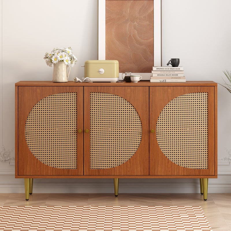 Komoda niska z 3 drzwiami zdobionymi rattanem, płyta wiórowa, styl vintage, orzech, 129,8 x 40 x 76 cm