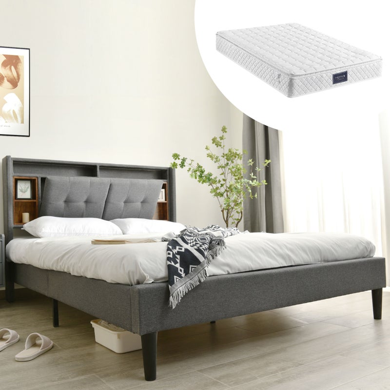 Łóżko tapicerowane 140 x 200 cm z zagłówkiem - USB i LED - Tkanina lniana - szara + Materac