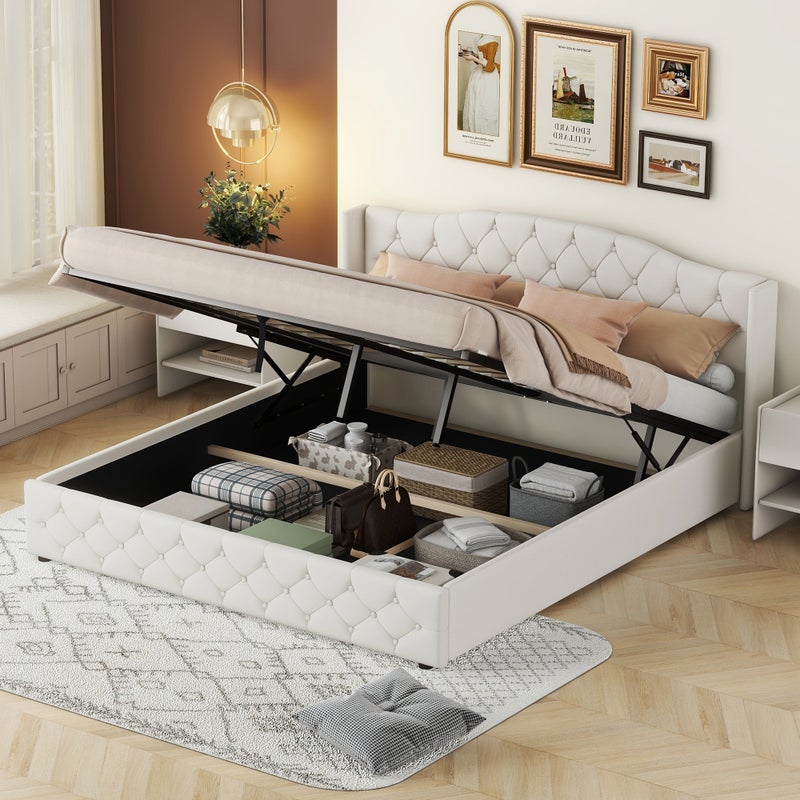 Łóżko z pojemnikiem - 180 x 200 cm - tkanina lniana - stelaż z listew - białe