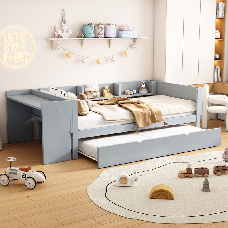 Łóżko wysuwane 90 x 200 cm + 90 x 180 cm z biurkiem i 3 półkami - lite drewno sosnowe - stelaż listwowy - kolor szary