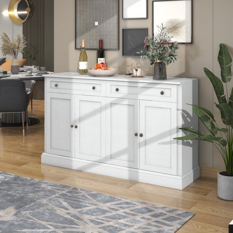 Komoda z 4 drzwiami i 2 szufladami - płyta MDF, uchwyty metalowe - kolor dębowy i biały - 150 x 40 x 86 cm