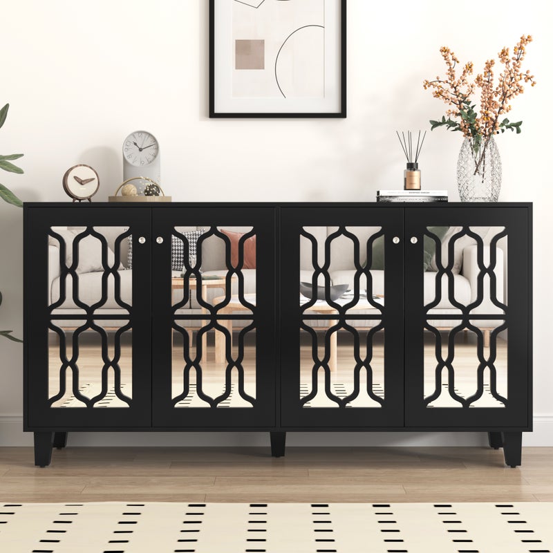 Komoda z 4 lustrzanymi drzwiami MDF - regulowana półka - kolor czarny