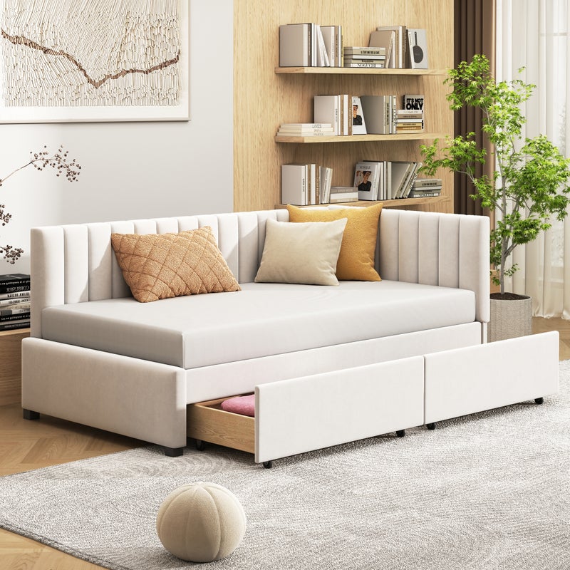 Łóżko tapicerowane 90 x 200 cm - Sofa rozkładana z 2 szufladami - Aksamit - Beż