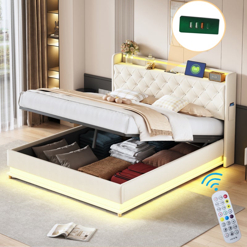 Łóżko z pojemnikiem i zagłówkiem 160 x 200 cm - Port USB + diody LED - Tkanina lniana - W zestawie stelaż z listew - Beżowe