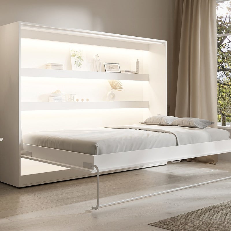 Łóżko chowane w szafie 140 × 200 cm – Otwieranie poziome manualne – Oświetlenie LED – Białe + Materac – RAPILI