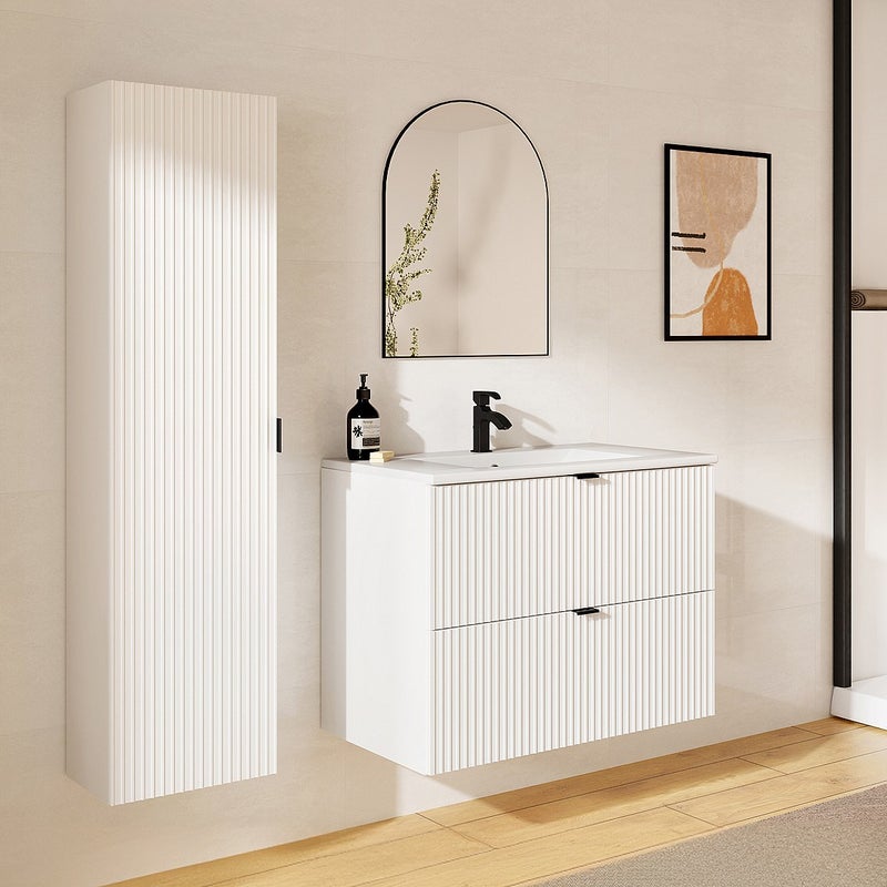 Szafka łazienkowa wisząca w paski z umywalką do zabudowy i słupek – biały matowy – 80 cm – ZEVINI