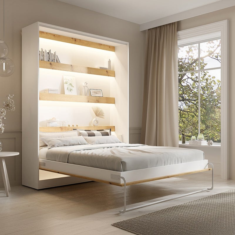 Łóżko chowane w szafie 160 × 200 cm – Otwieranie pionowe manualne – Oświetlenie LED – Białe i naturalne – RAPILI