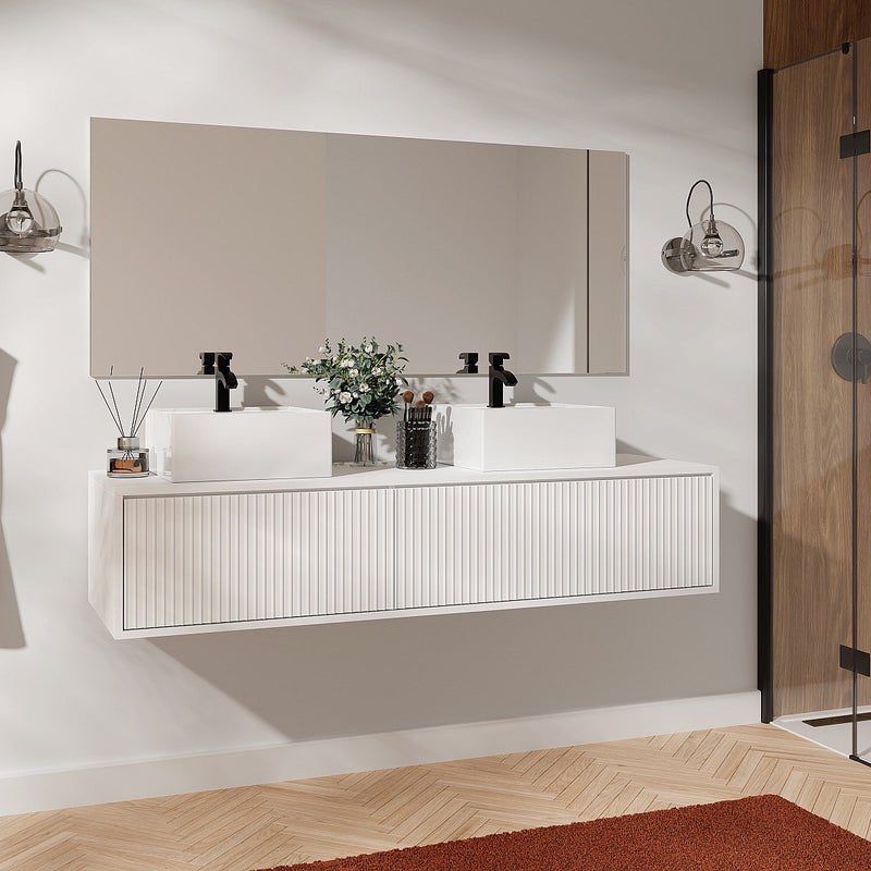 Szafka pod umywalkę wisząca w paski – Biała – 150 cm – ARNEGA